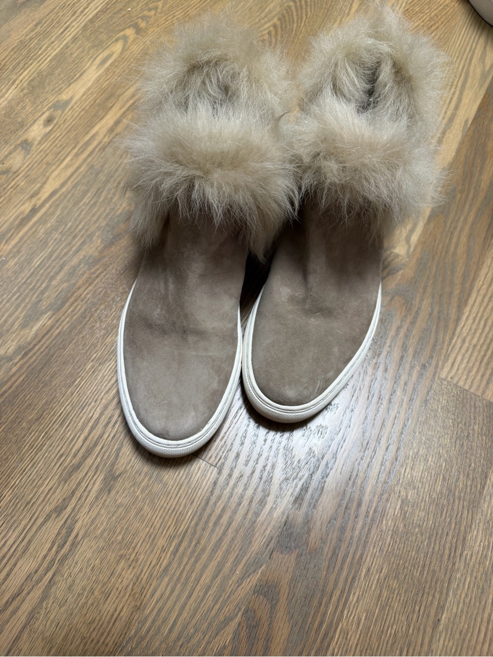 Rachal Zoe Women’s Taupe Suede Fur-Trim Slip-On Sneakers